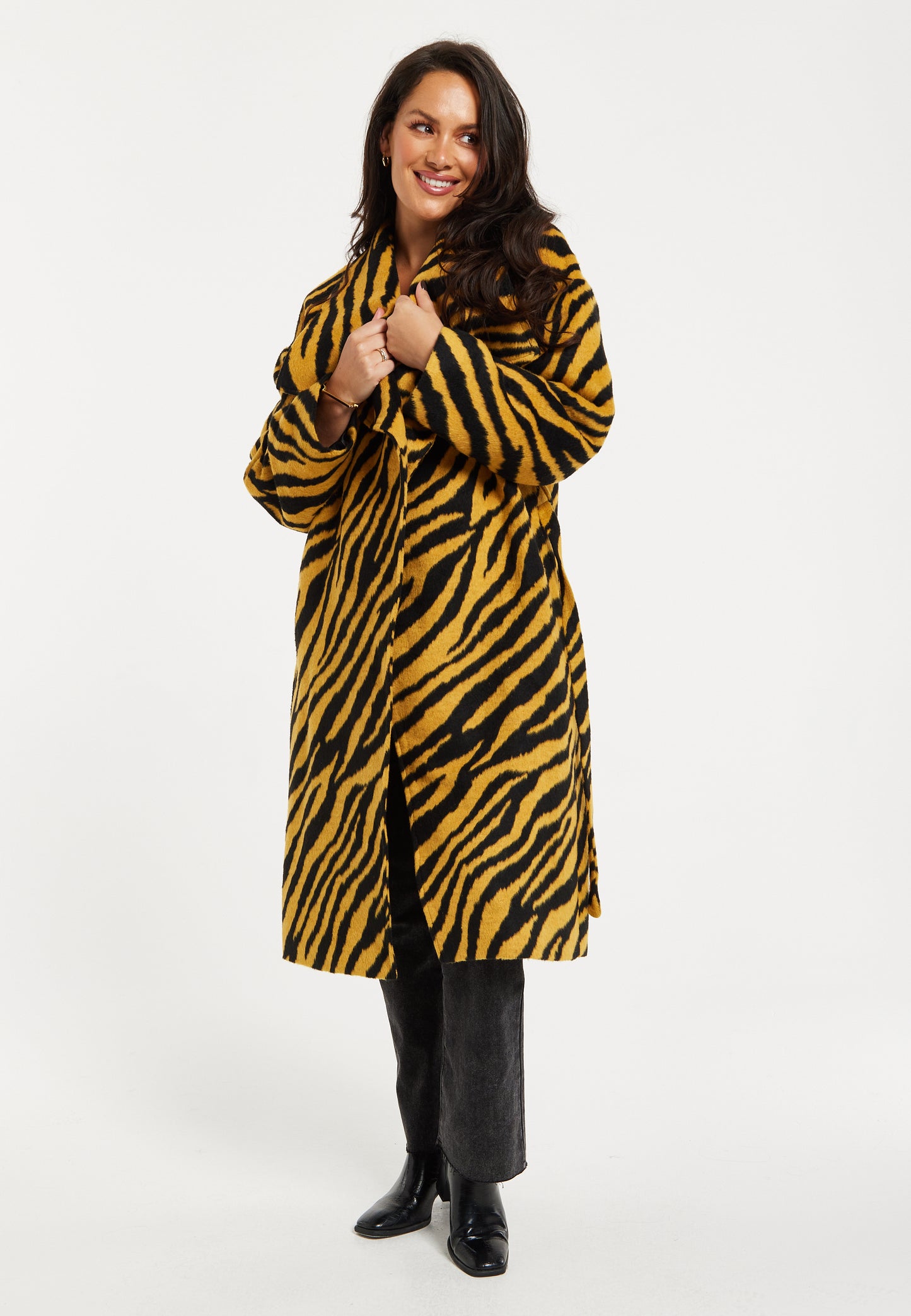 
                  
                    Liquorish Zebra Print Longline Coat In Mustard And Black
                  
                