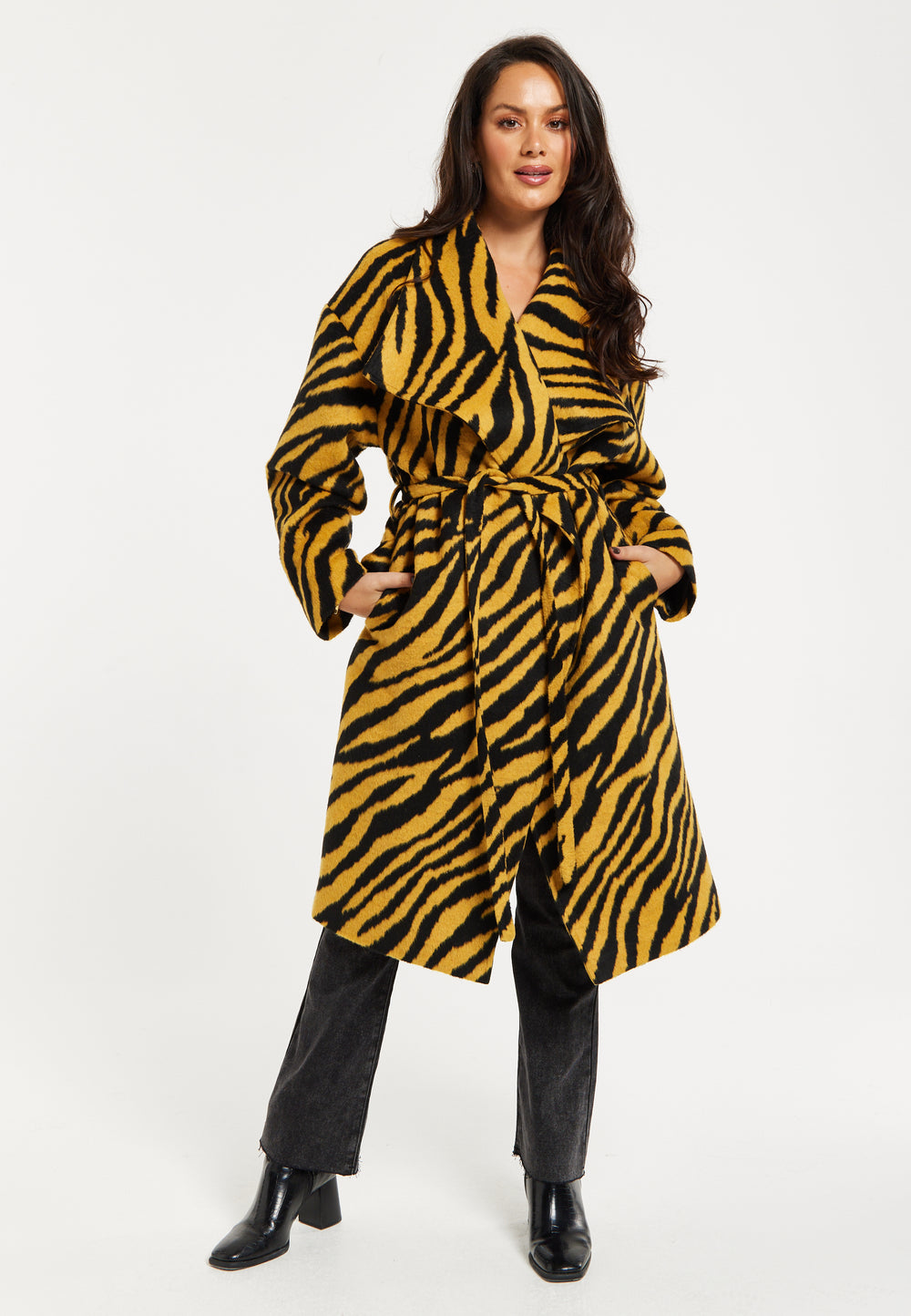 Liquorish Zebra Print Longline Coat In Mustard And Black