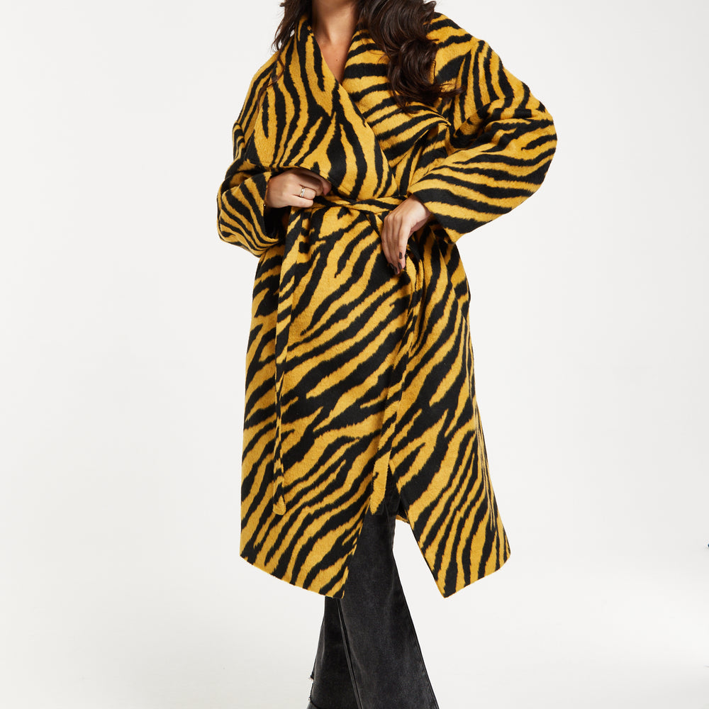 
                  
                    Liquorish Zebra Print Longline Coat In Mustard And Black
                  
                