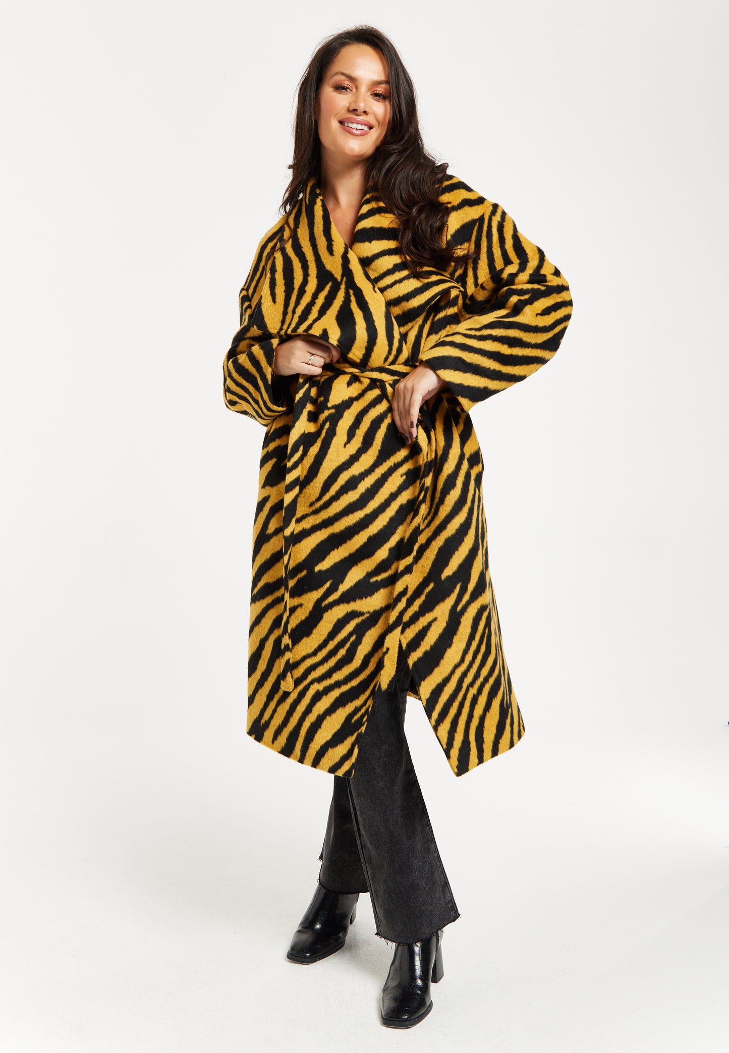 
                  
                    Liquorish Zebra Print Longline Coat In Mustard And Black
                  
                