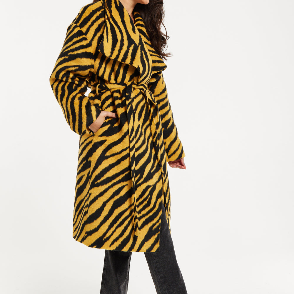 
                  
                    Liquorish Zebra Print Longline Coat In Mustard And Black
                  
                