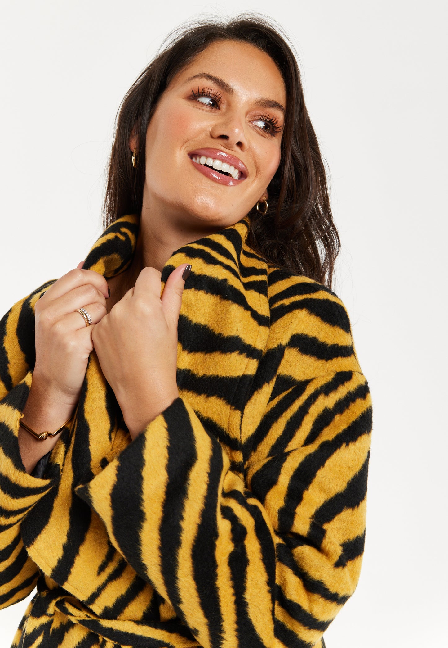 
                  
                    Liquorish Zebra Print Longline Coat In Mustard And Black
                  
                