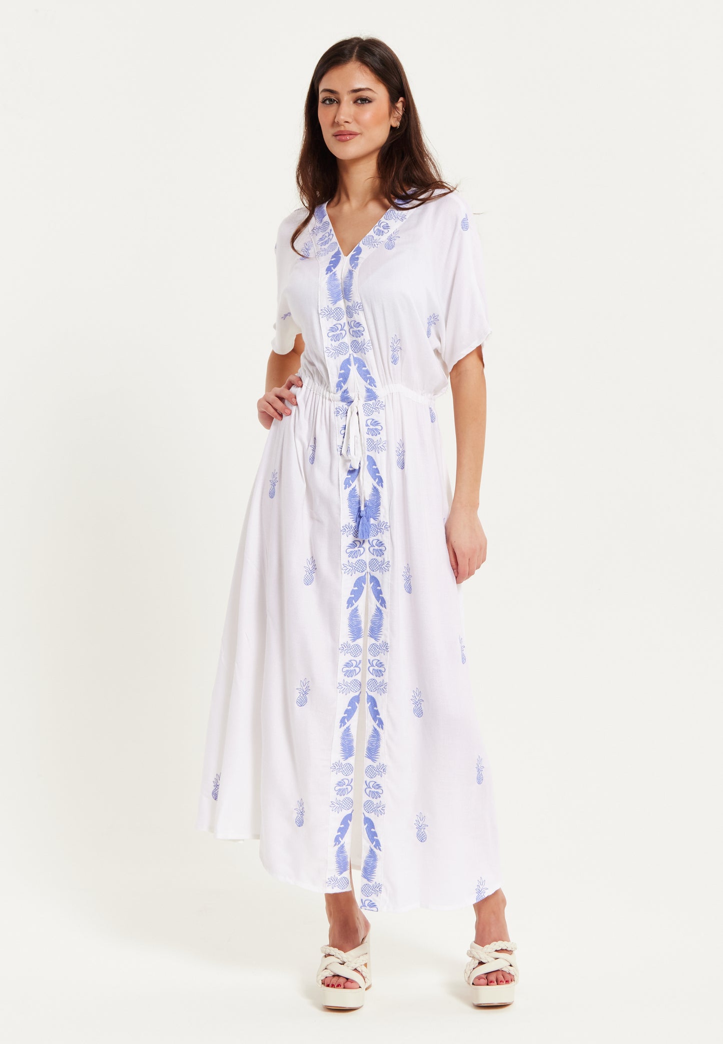 Women's Maxi Dress with Short Sleeves, Blue Pineapple Embroidery in Wh Liquorish Online Women's Maxi Dress with Short Sleeves, Blue Pineapple Embroidery in Wh Liquorish Online