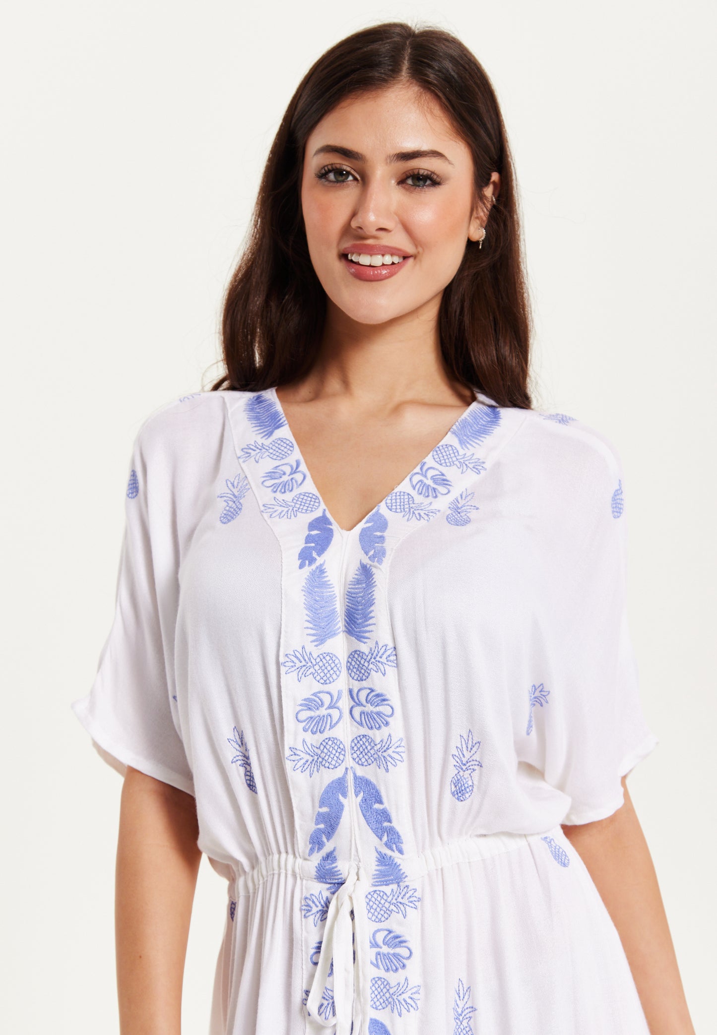 
                  
                    Liquorish White Maxi Dress with Blue Pineapple Embroidery
                  
                