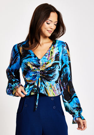 Liquorish Multicolour Abstract Print Top With Ruched Front And Long Sleeves