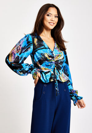 Liquorish Multicolour Abstract Print Top With Ruched Front And Long Sleeves