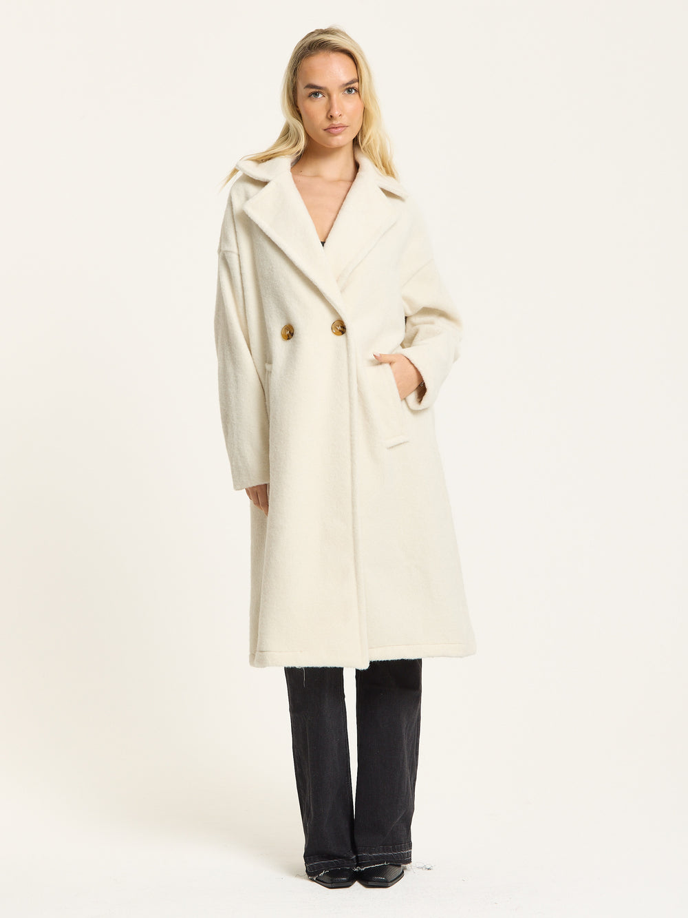 Cream Wool Blend Double Breasted Coat