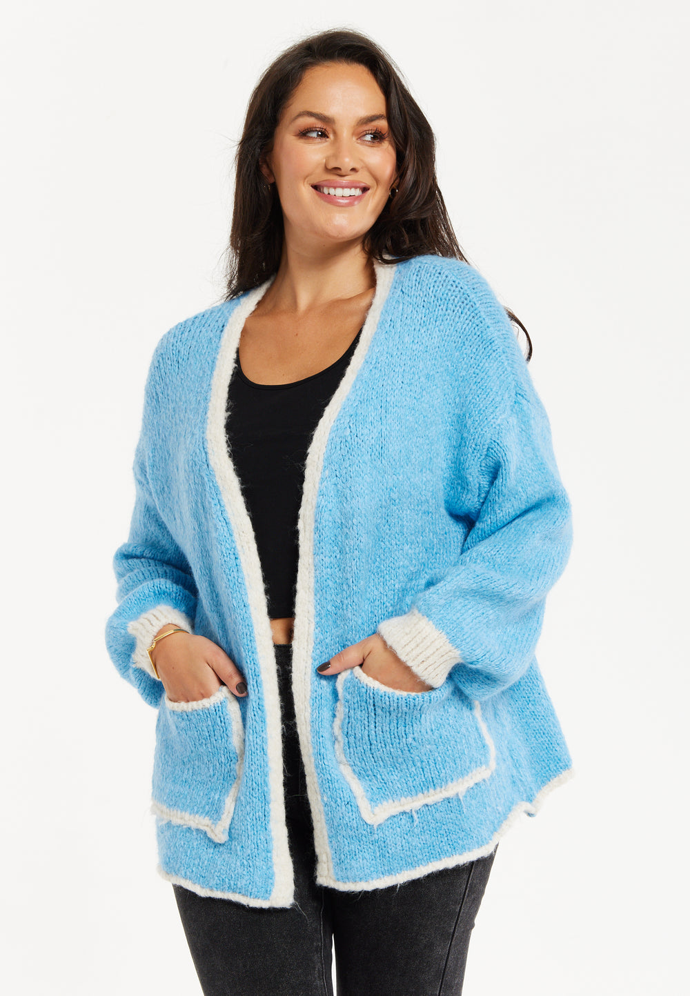 Liquorish Mohair Knitted Cardigan with Pockets in Blue