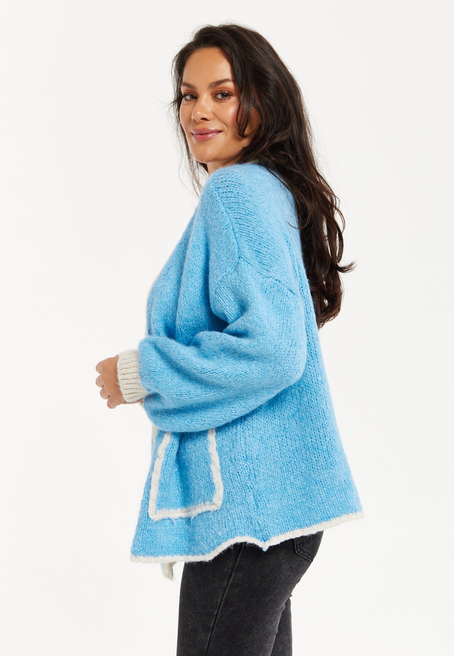 
                  
                    Women's Blue Chunky Knit Cardigan with Oversized Pockets and Contrast Trim - Liquorish
                  
                