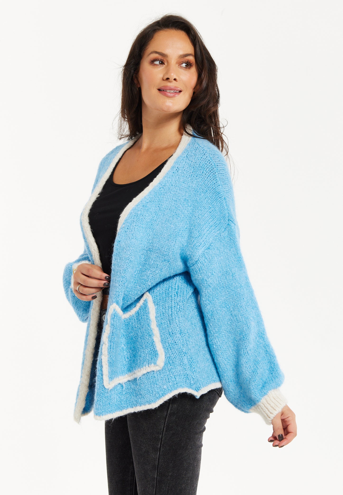 
                  
                    Liquorish Mohair Knitted Cardigan with Pockets in Blue
                  
                