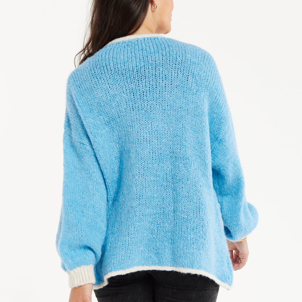 
                  
                    Women's Blue Chunky Knit Cardigan with Oversized Pockets and Contrast Trim - Liquorish
                  
                