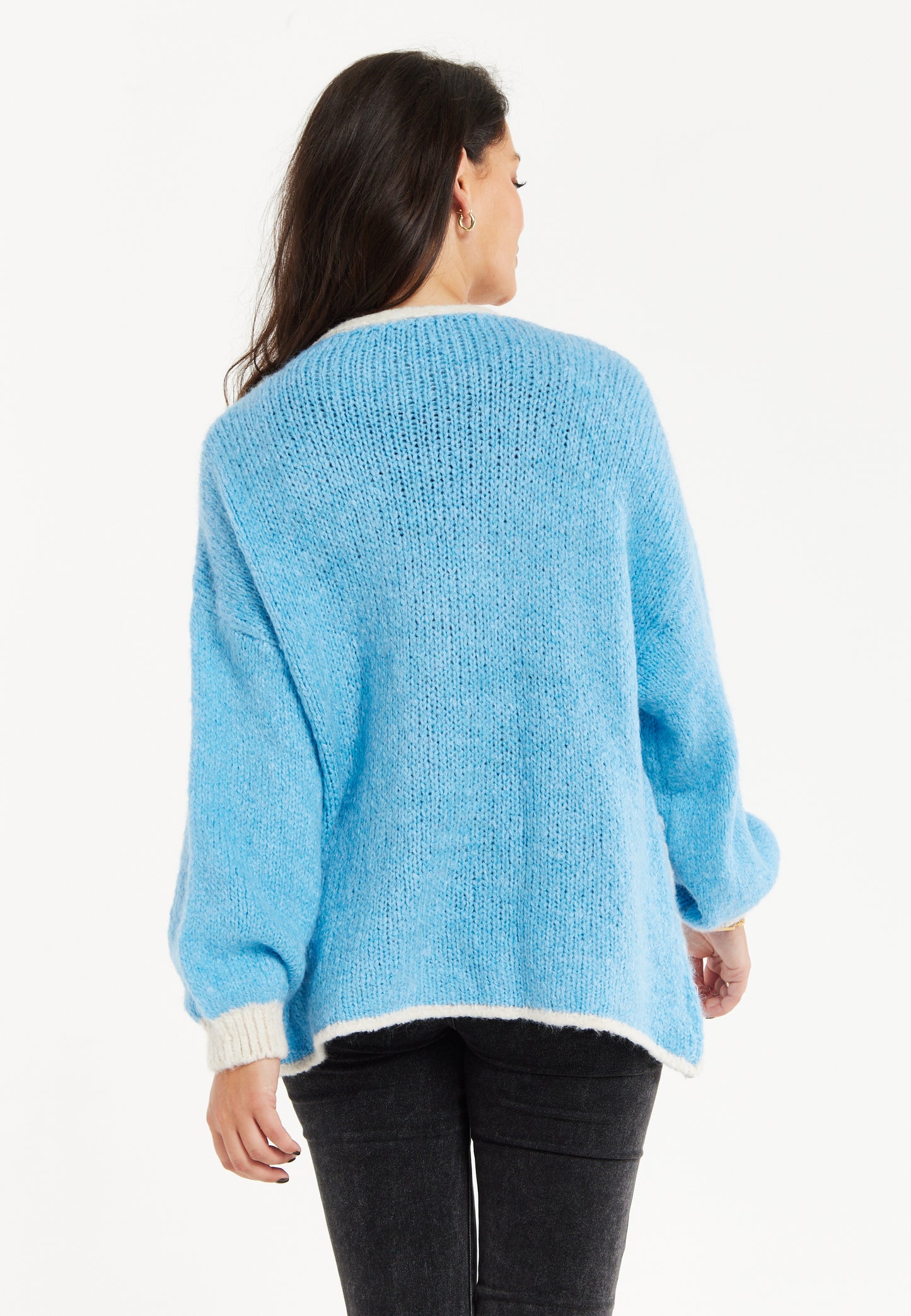 
                  
                    Women's Blue Chunky Knit Cardigan with Oversized Pockets and Contrast Trim - Liquorish
                  
                