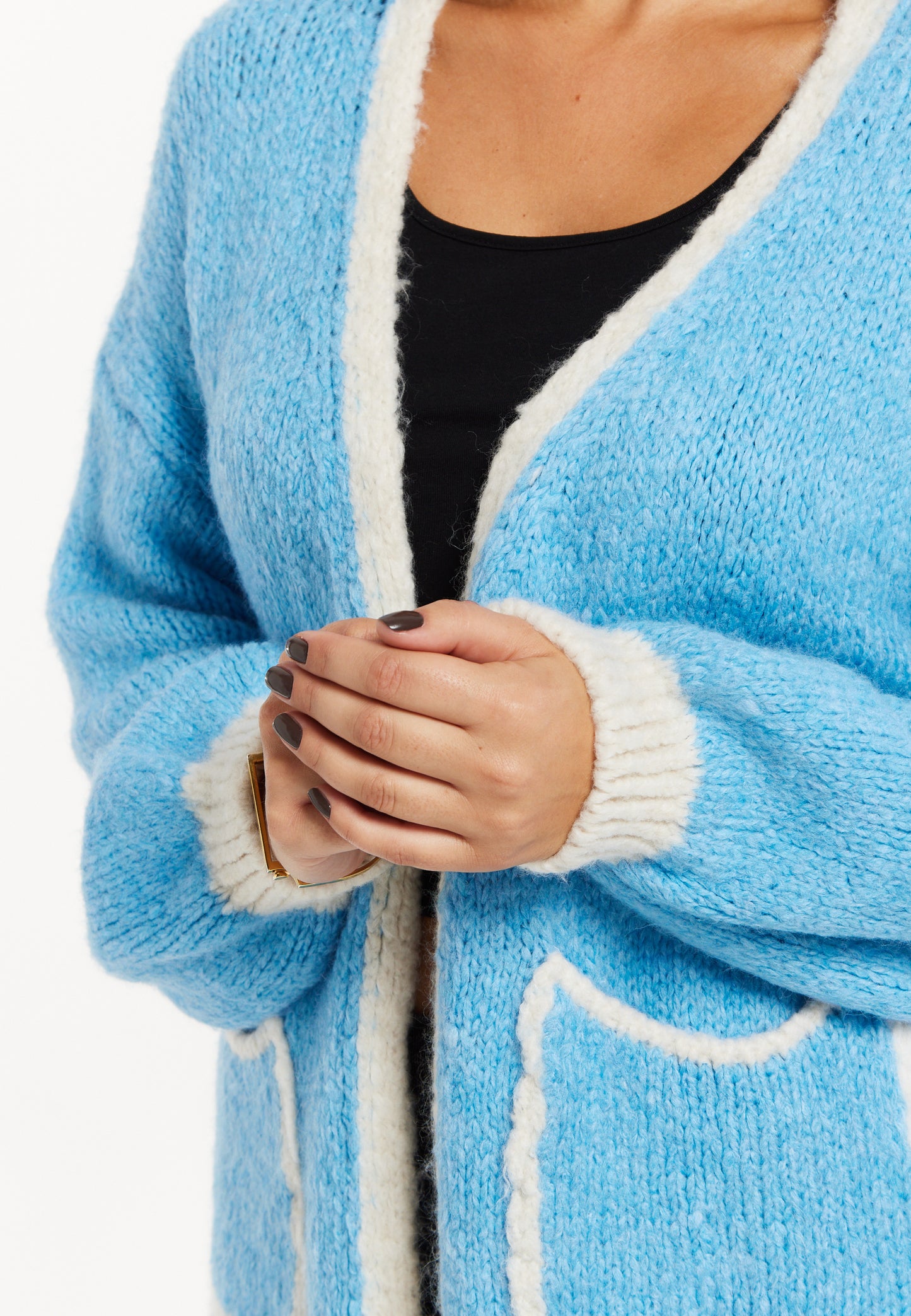 
                  
                    Women's Blue Chunky Knit Cardigan with Oversized Pockets and Contrast Trim - Liquorish
                  
                