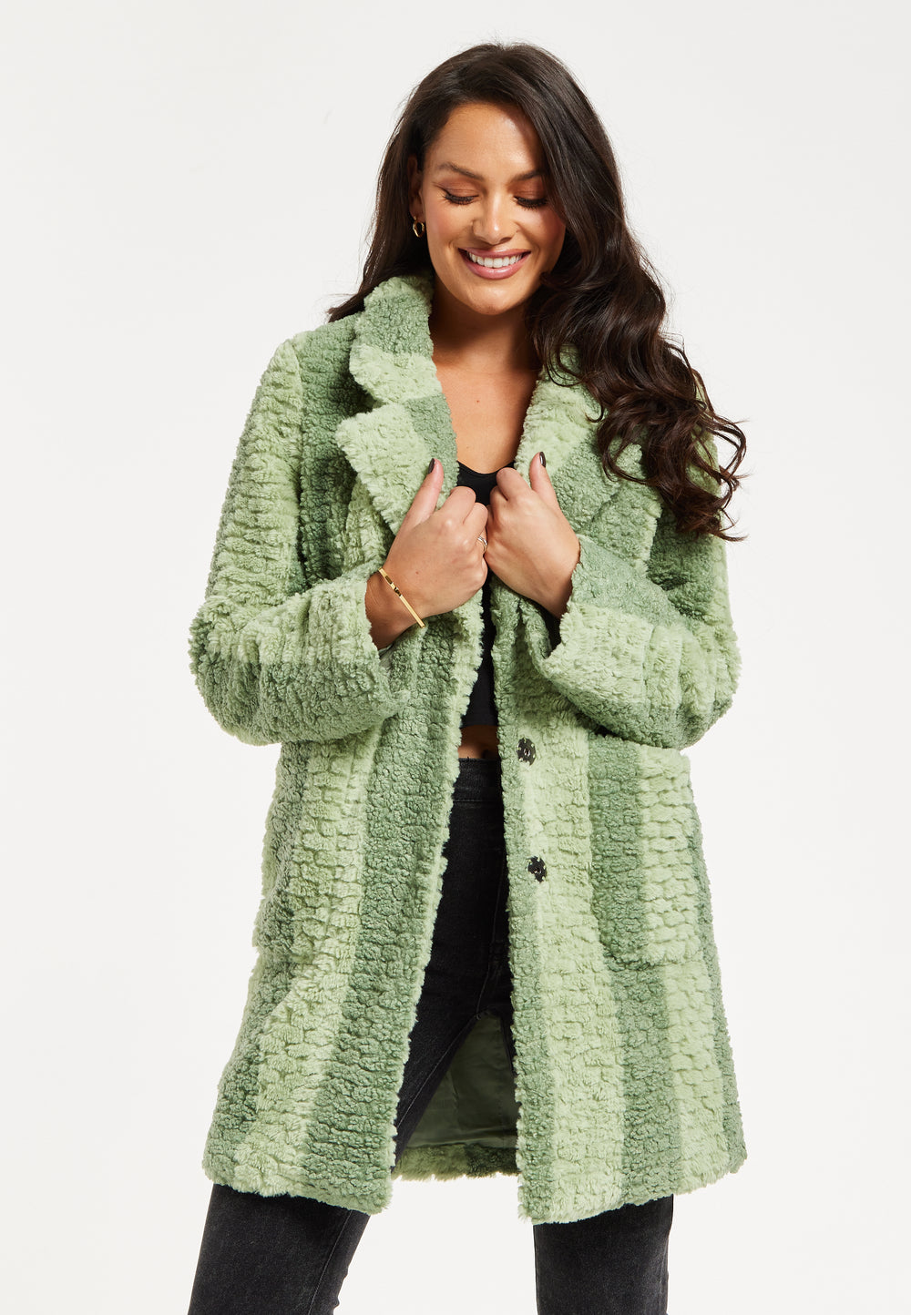 Liquorish Teddy Coat In Green Stripe