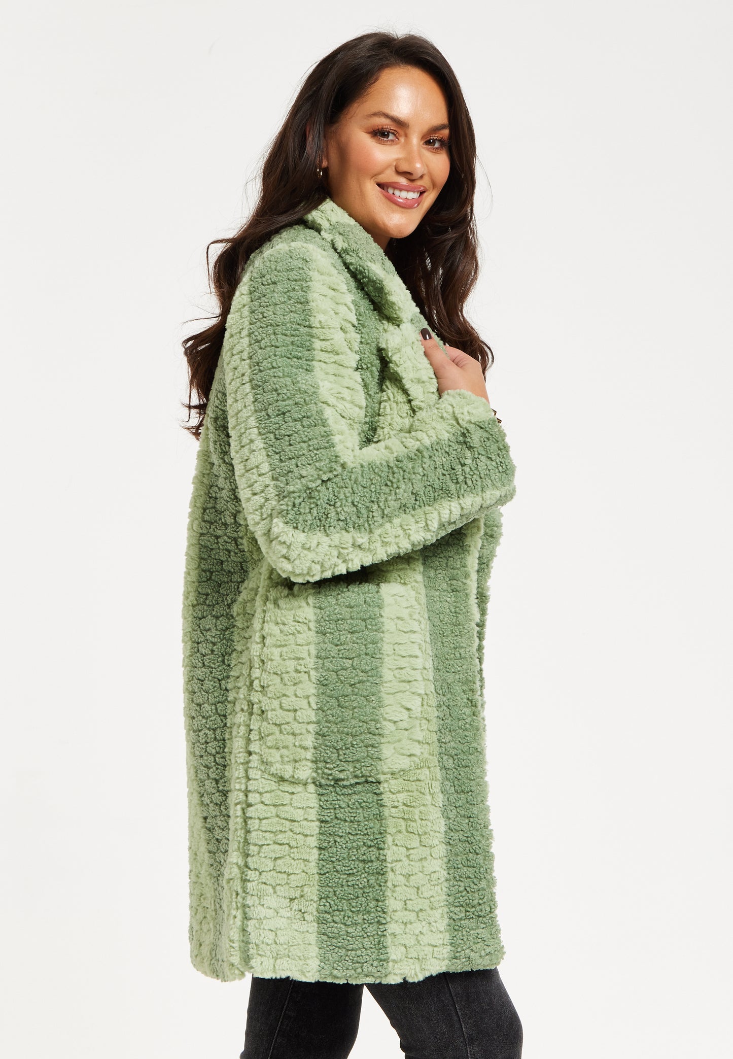 
                  
                    Liquorish Teddy Coat In Green Stripe
                  
                