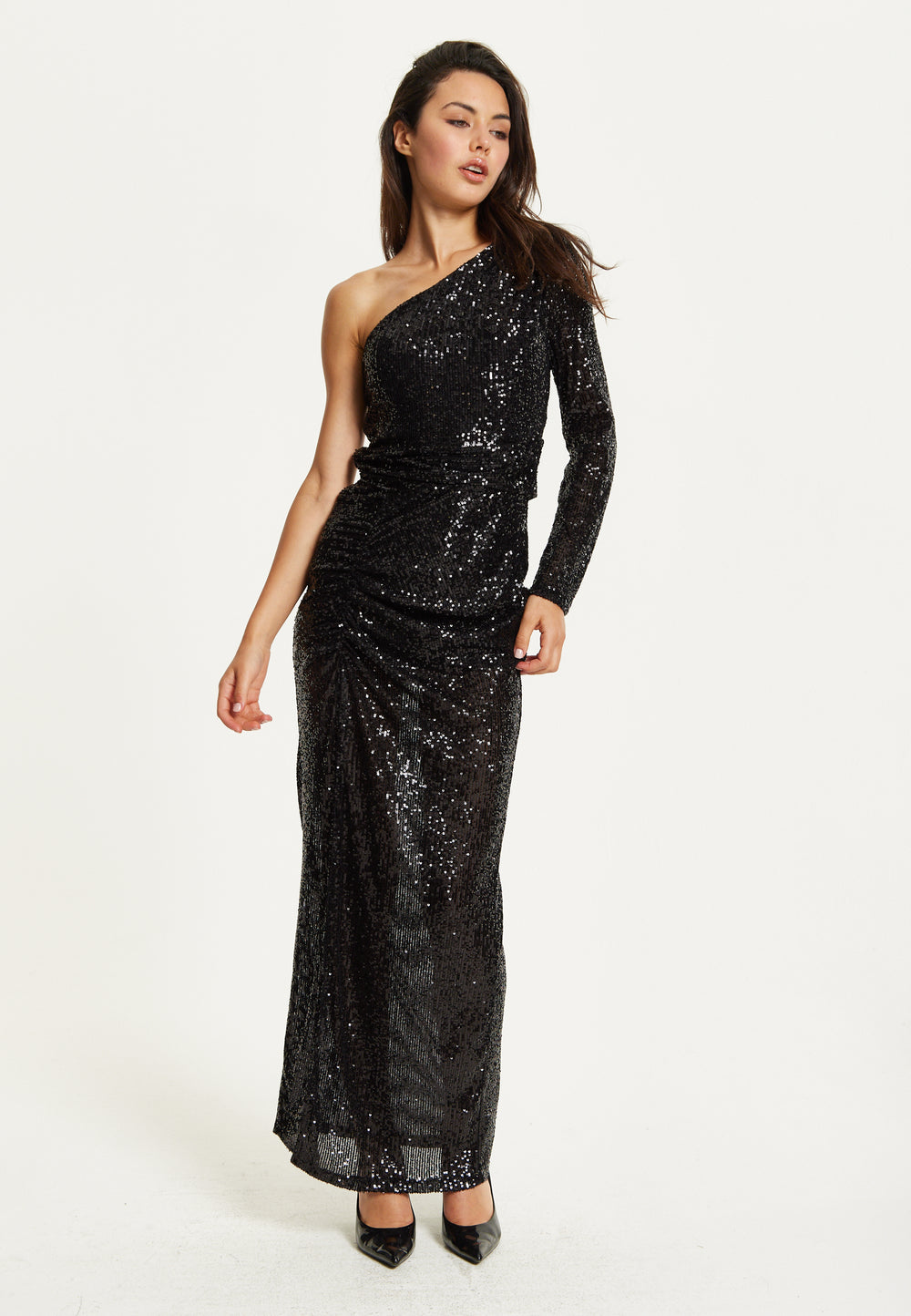 One Shoulder Black Sequin Maxi Dress