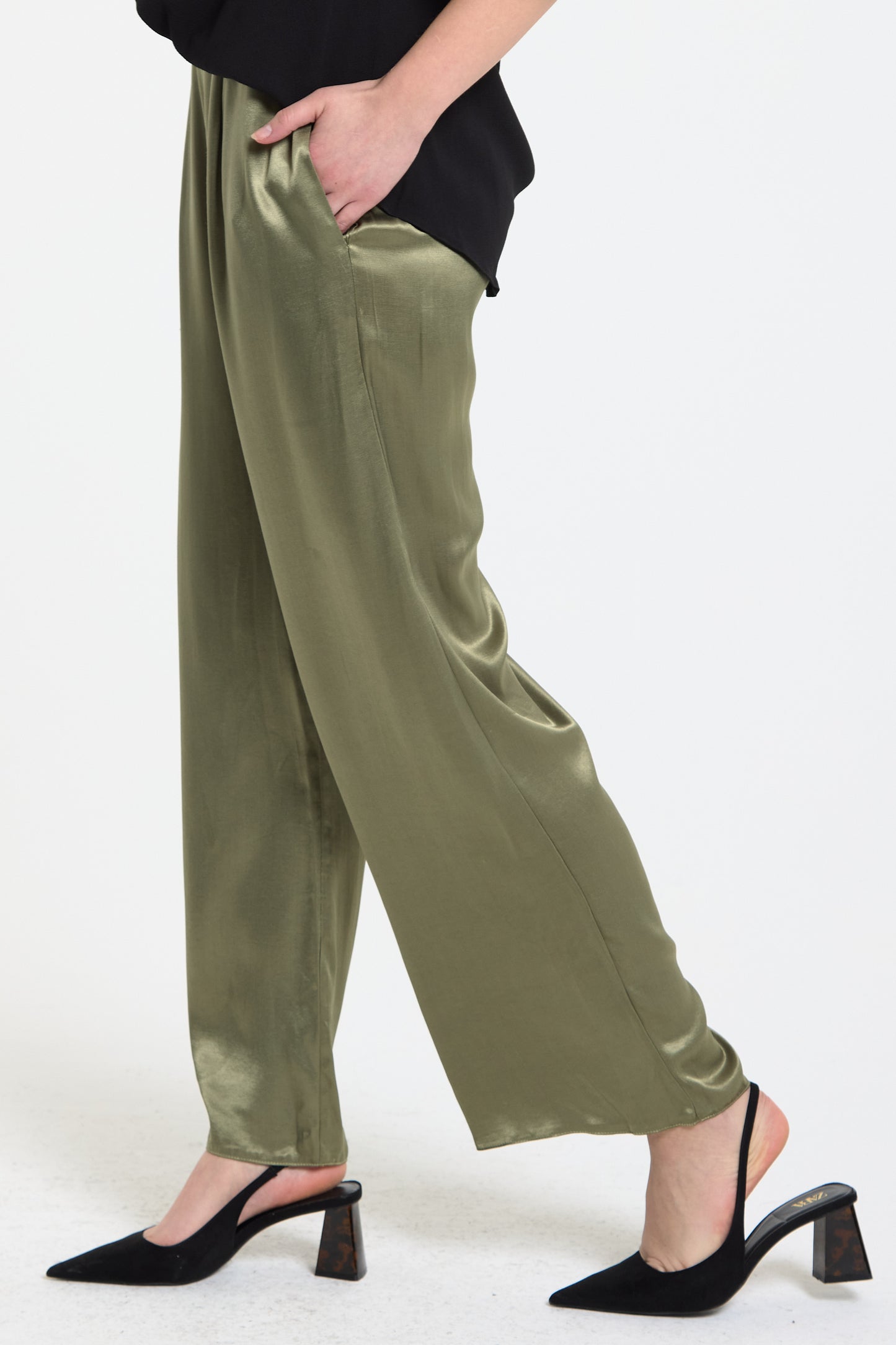 
                  
                    Olive Satin Wide Leg Trousers
                  
                