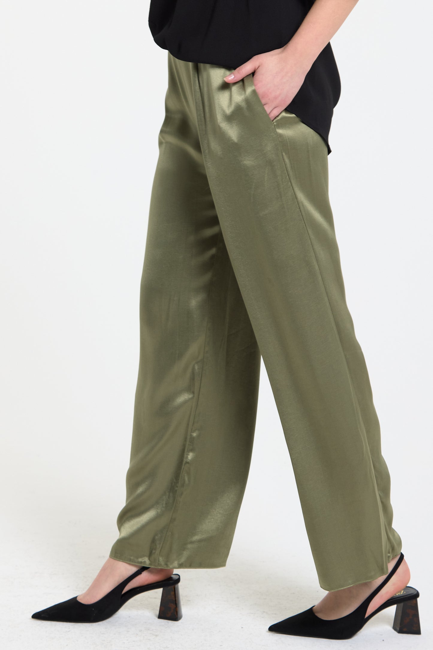 
                  
                    Olive Satin Wide Leg Trousers
                  
                