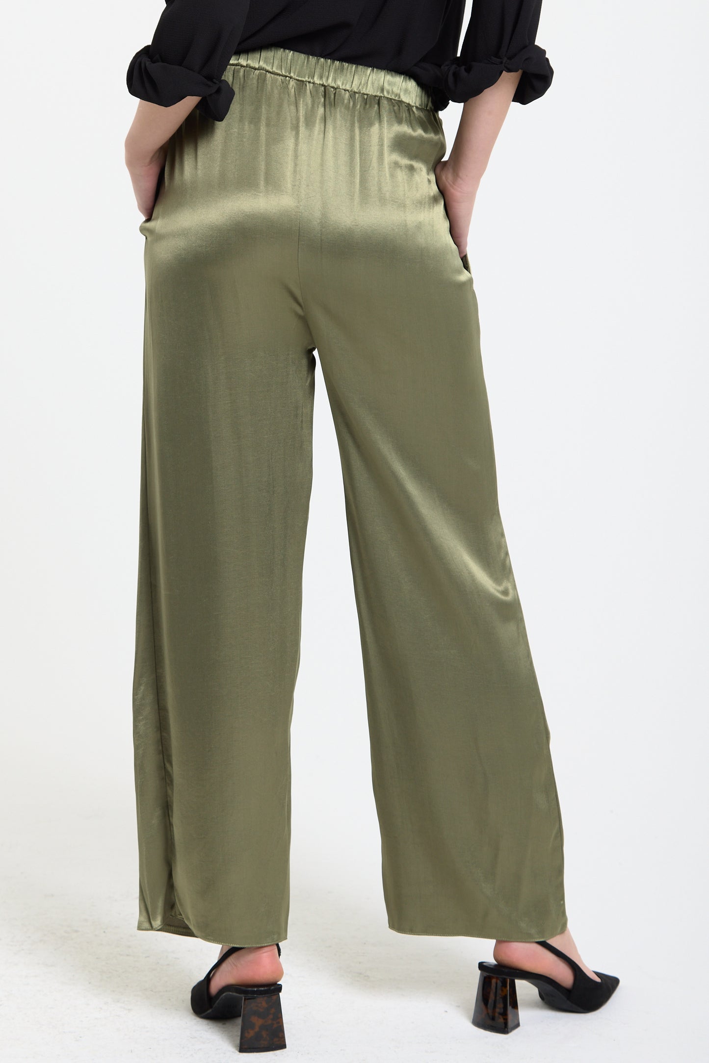 
                  
                    Olive Satin Wide Leg Trousers
                  
                