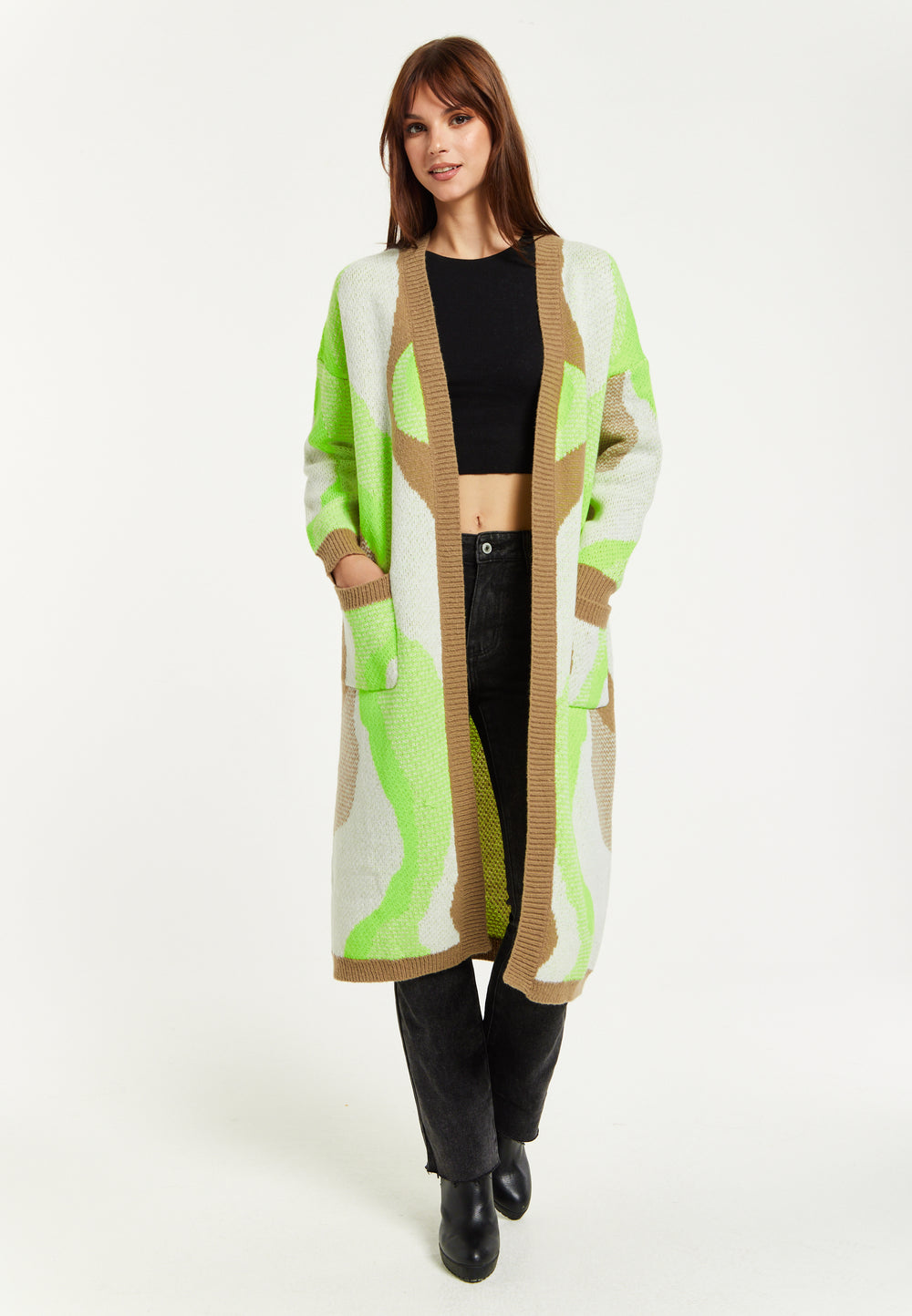 Liquorish Longline Cardigan In Brown, Green And White