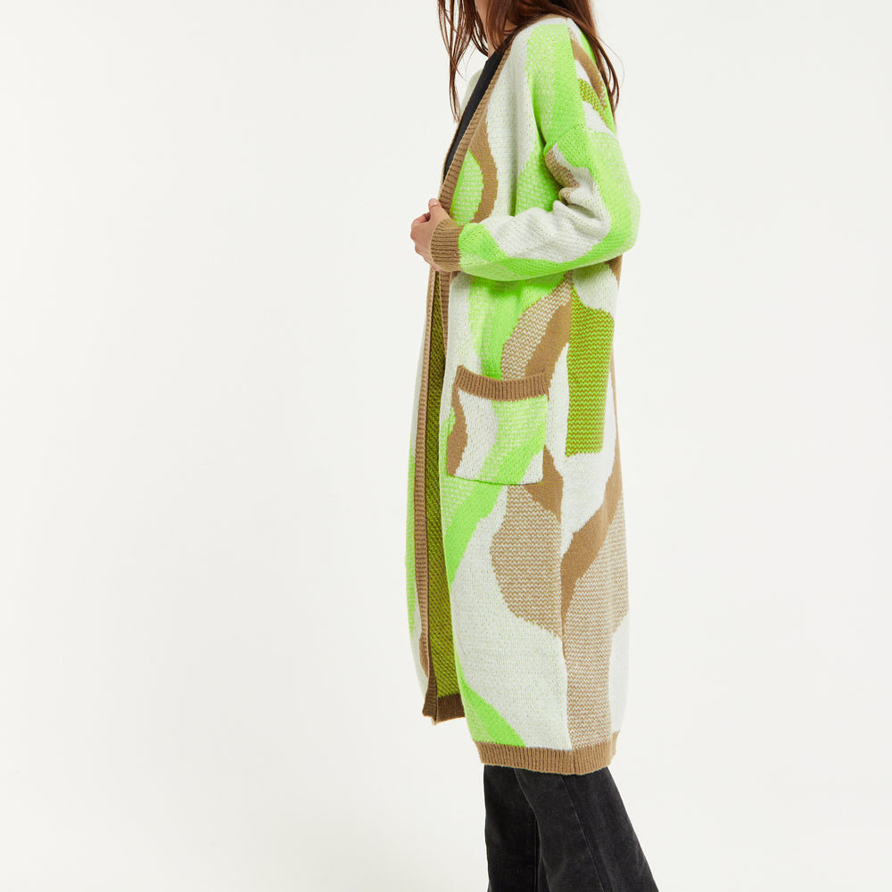 
                  
                    Liquorish Longline Cardigan In Brown, Green And White
                  
                