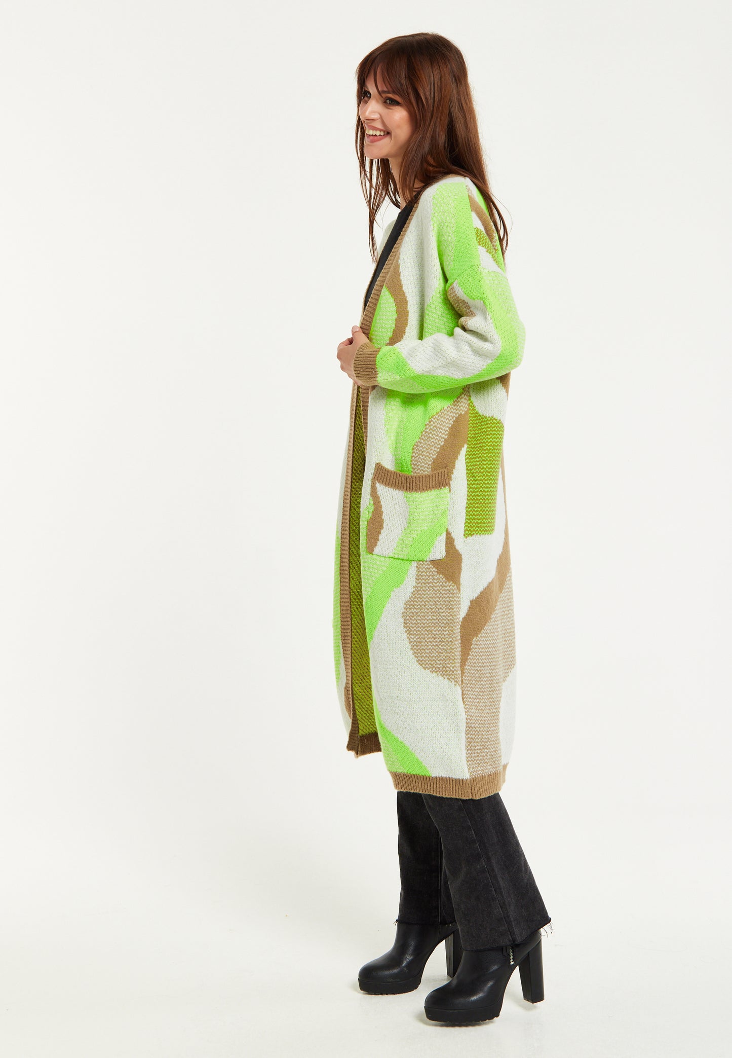 
                  
                    Liquorish Longline Cardigan In Brown, Green And White
                  
                