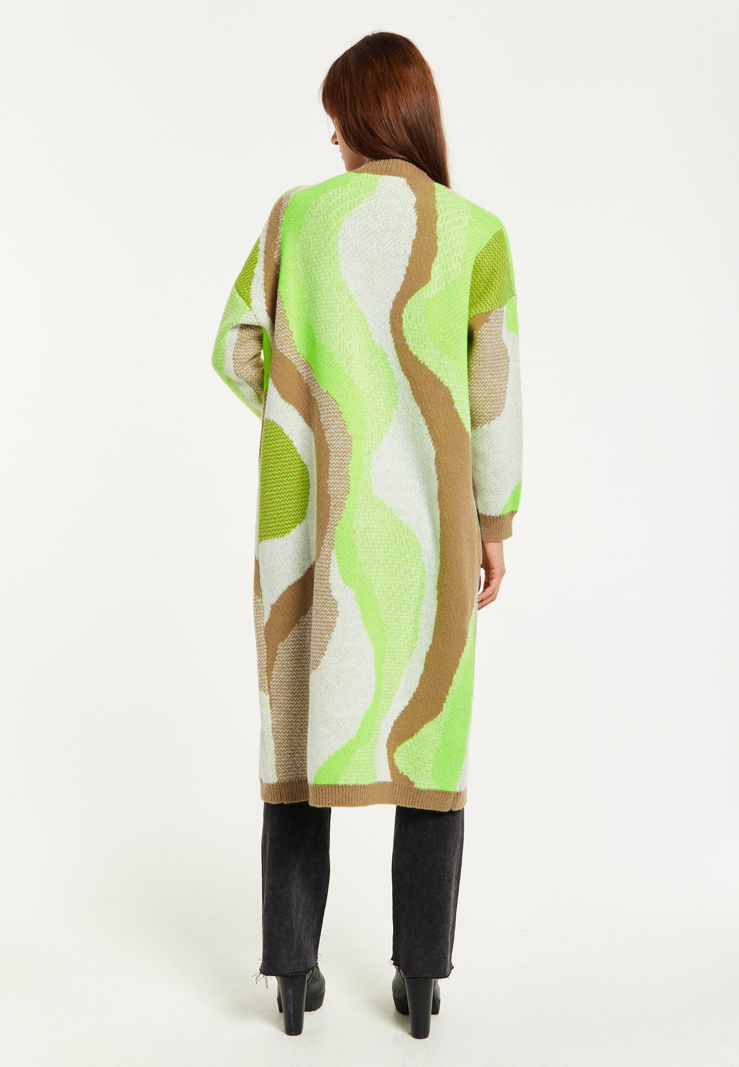 
                  
                    Liquorish Longline Cardigan In Brown, Green And White
                  
                