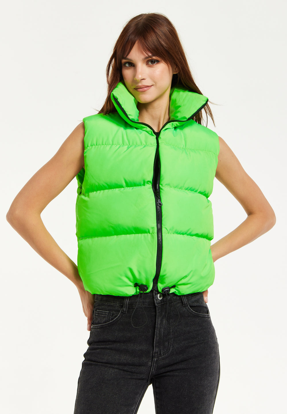 Liquorish Green Puffer Vest with Drawstring Hem