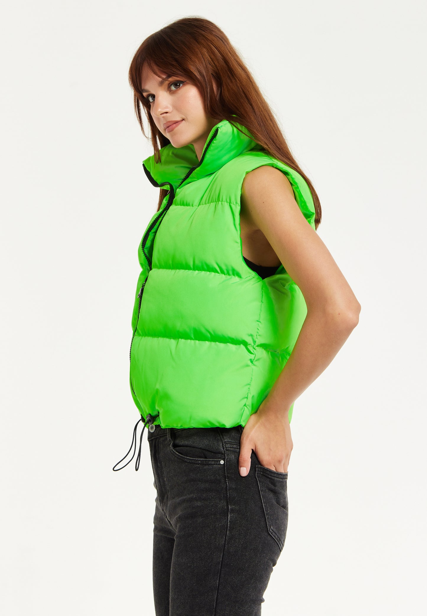 
                  
                    Liquorish Green Puffer Vest with Drawstring Hem
                  
                