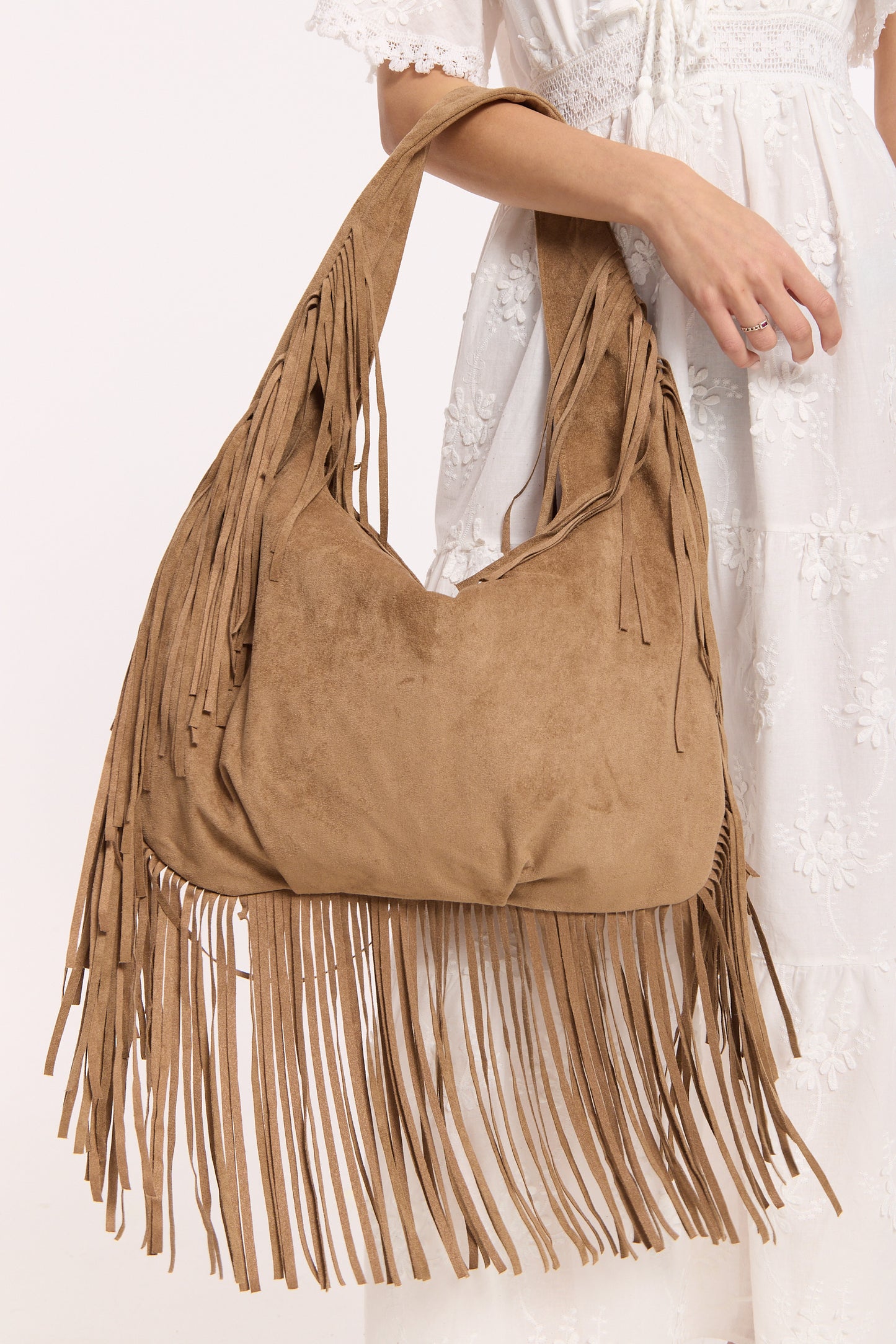 
                  
                    Camel Fringe Faux Suede Shoulder Bag
                  
                