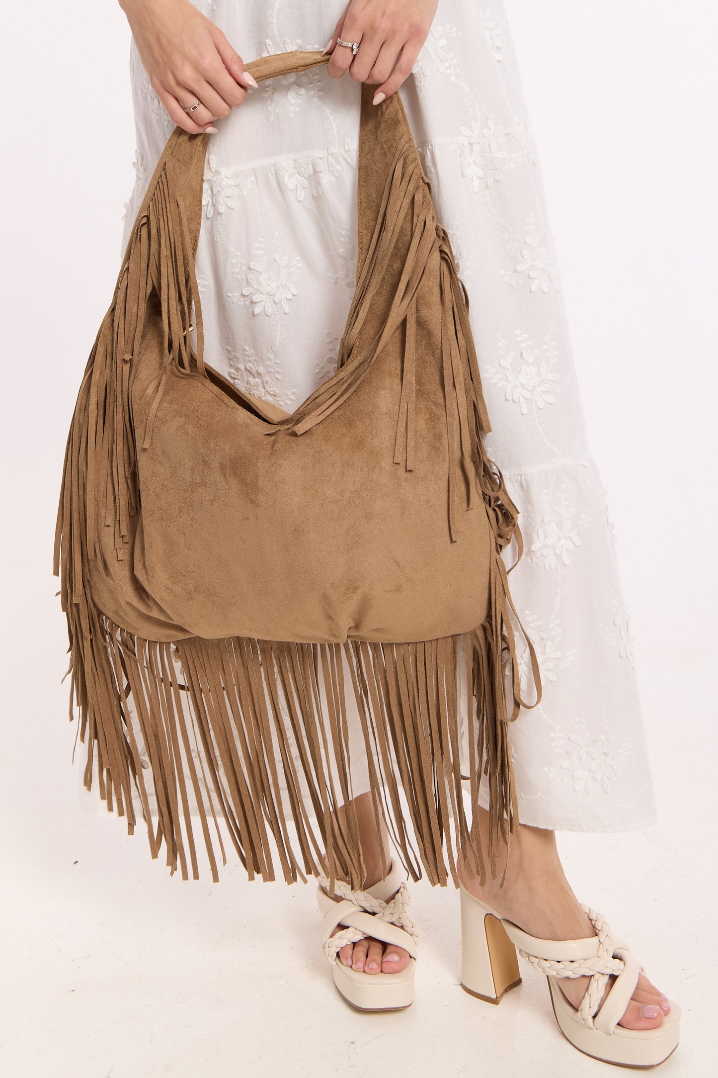 
                  
                    Camel Fringe Faux Suede Shoulder Bag
                  
                