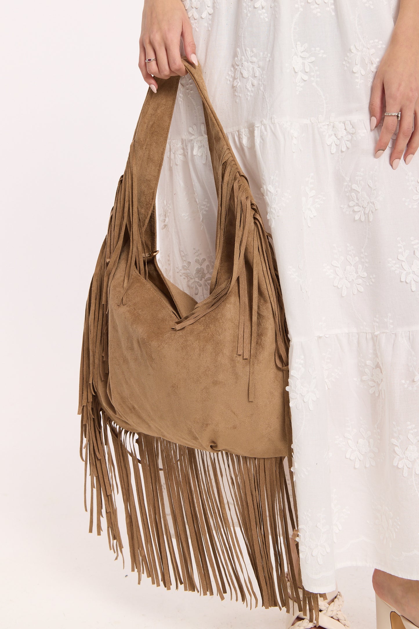 
                  
                    Camel Fringe Faux Suede Shoulder Bag
                  
                