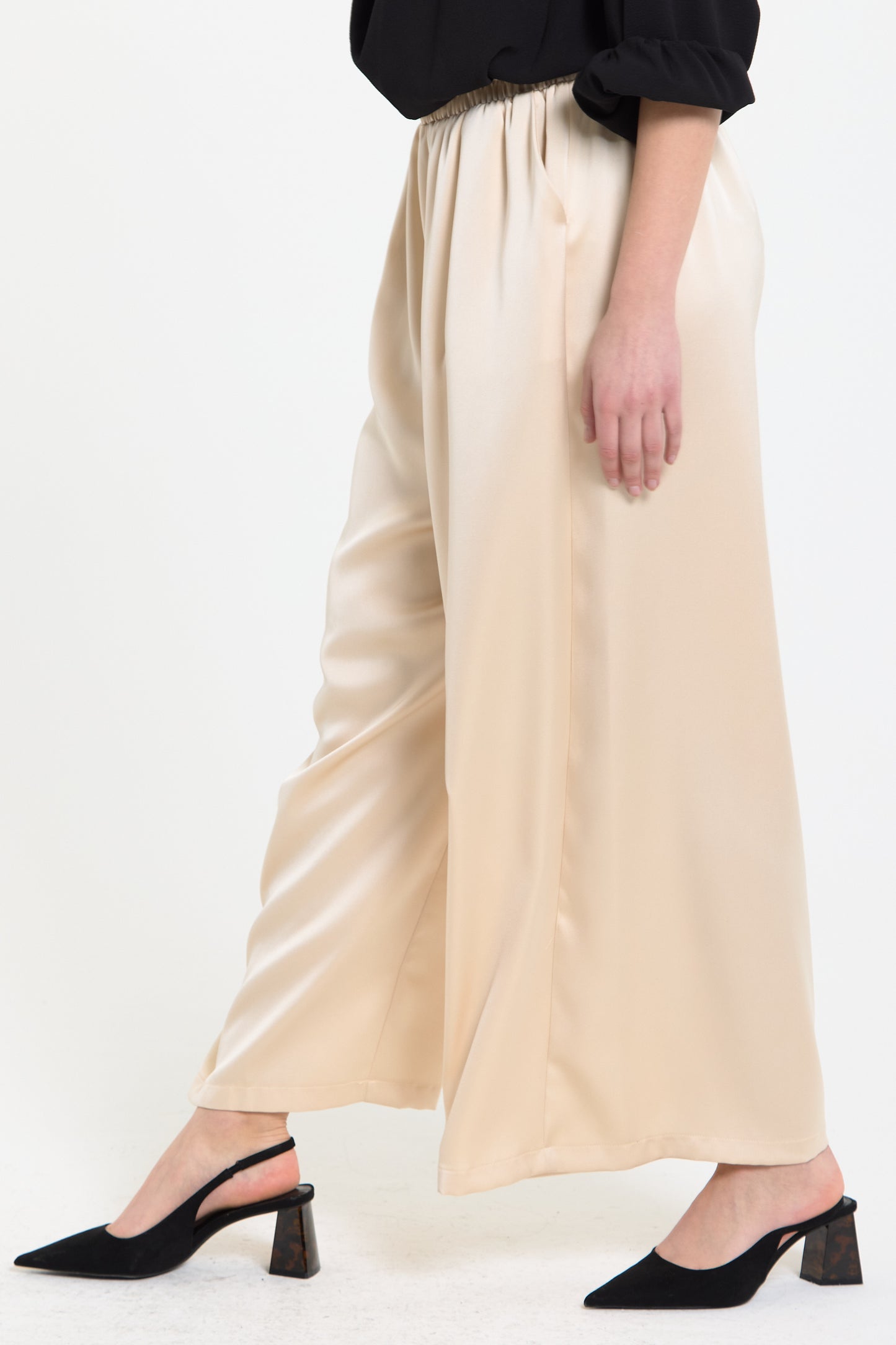 
                  
                    Beige Satin Wide Leg Trousers
                  
                