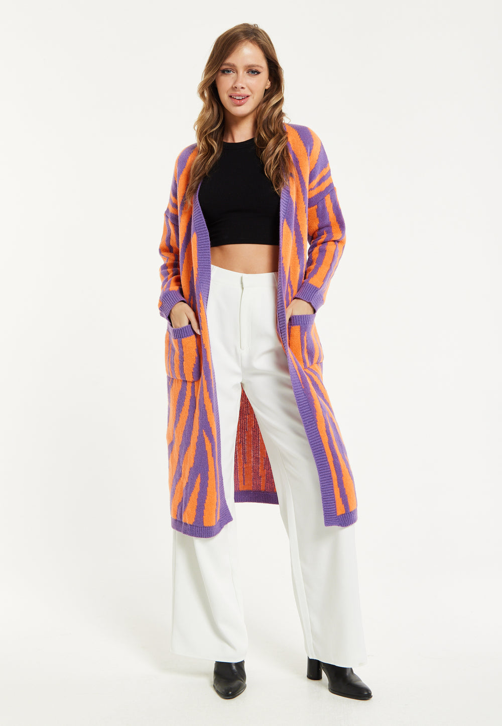 Liquorish Bold Zebra Striped Longline Cardigan in Purple & Orange