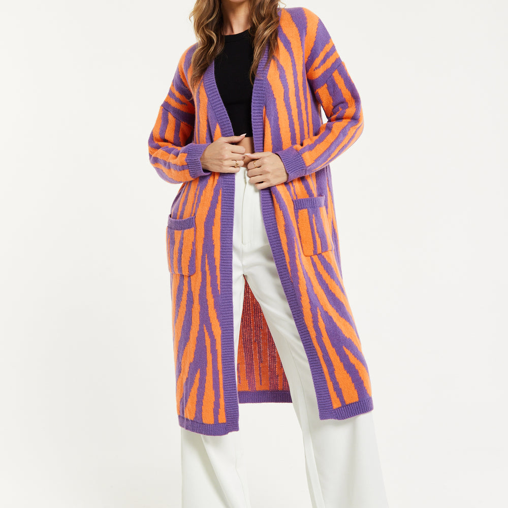 
                  
                    Liquorish Bold Zebra Striped Longline Cardigan in Purple & Orange
                  
                