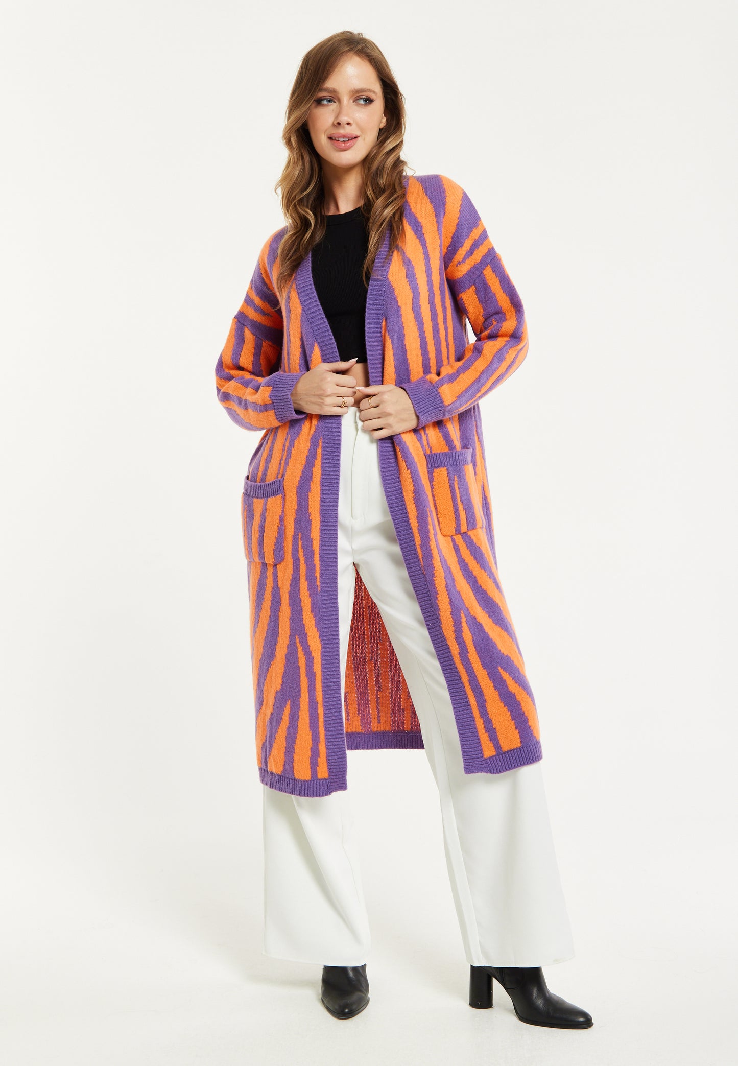 
                  
                    Liquorish Bold Zebra Striped Longline Cardigan in Purple & Orange
                  
                