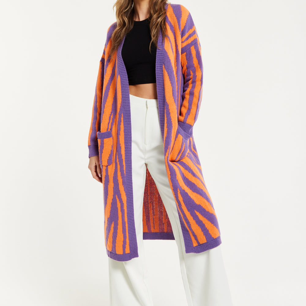 
                  
                    Liquorish Bold Zebra Striped Longline Cardigan in Purple & Orange
                  
                