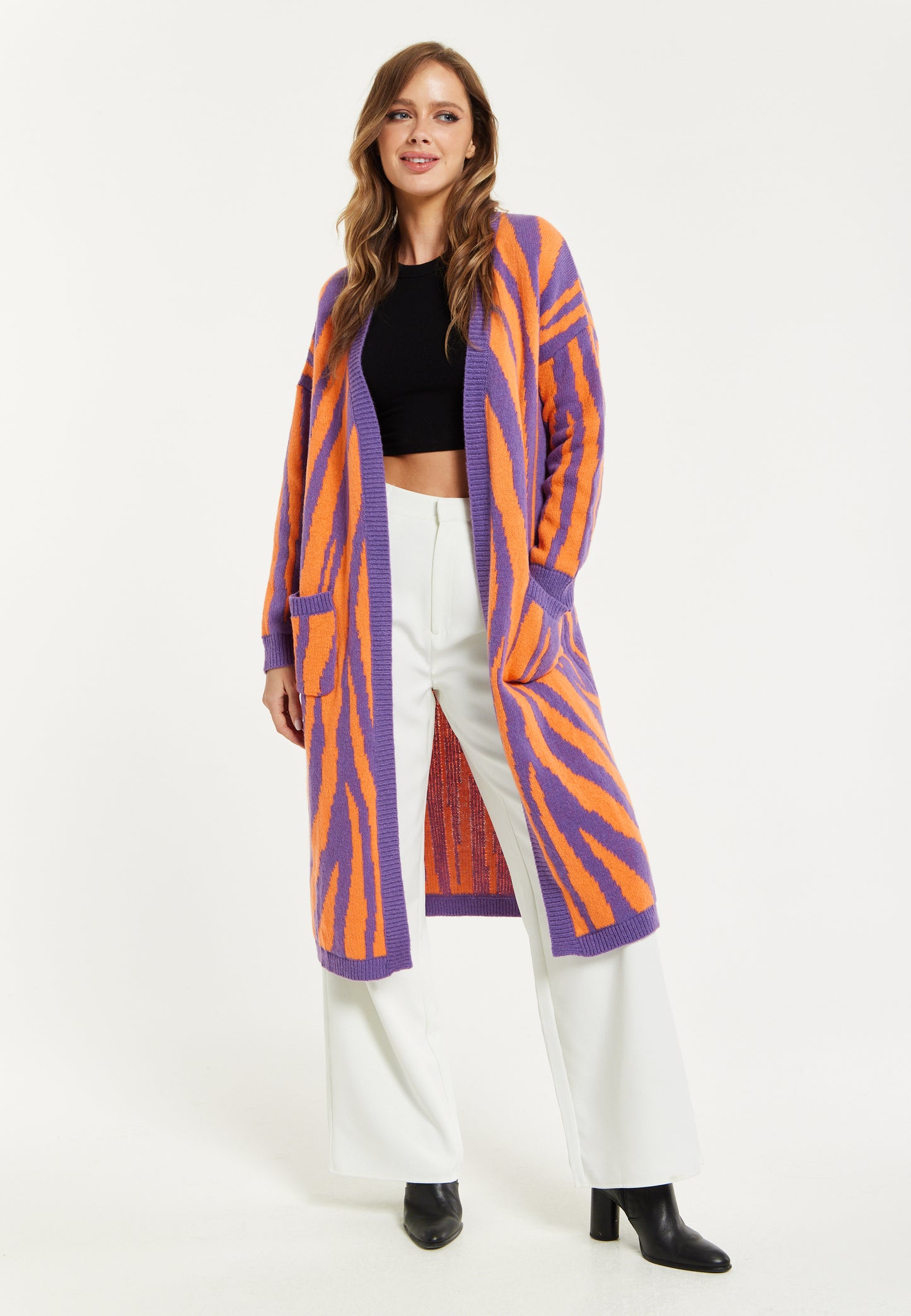 
                  
                    Liquorish Bold Zebra Striped Longline Cardigan in Purple & Orange
                  
                