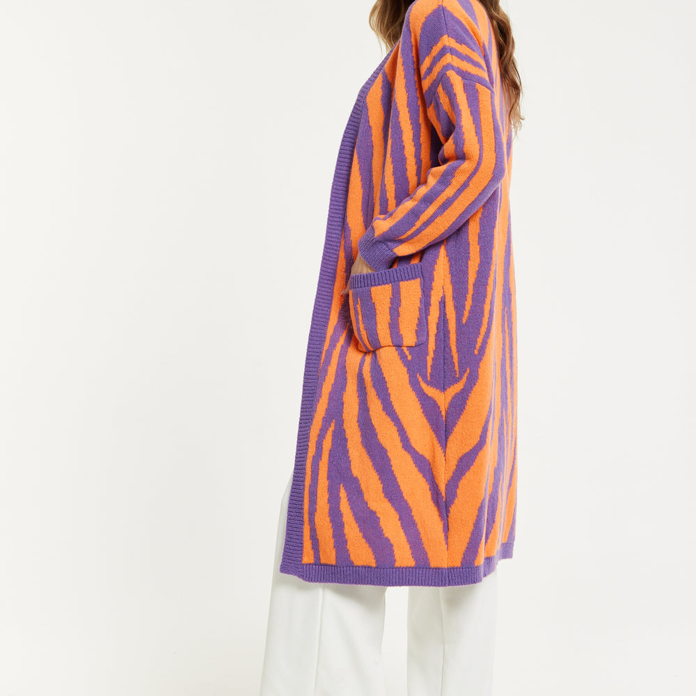 
                  
                    Liquorish Bold Zebra Striped Longline Cardigan in Purple & Orange
                  
                