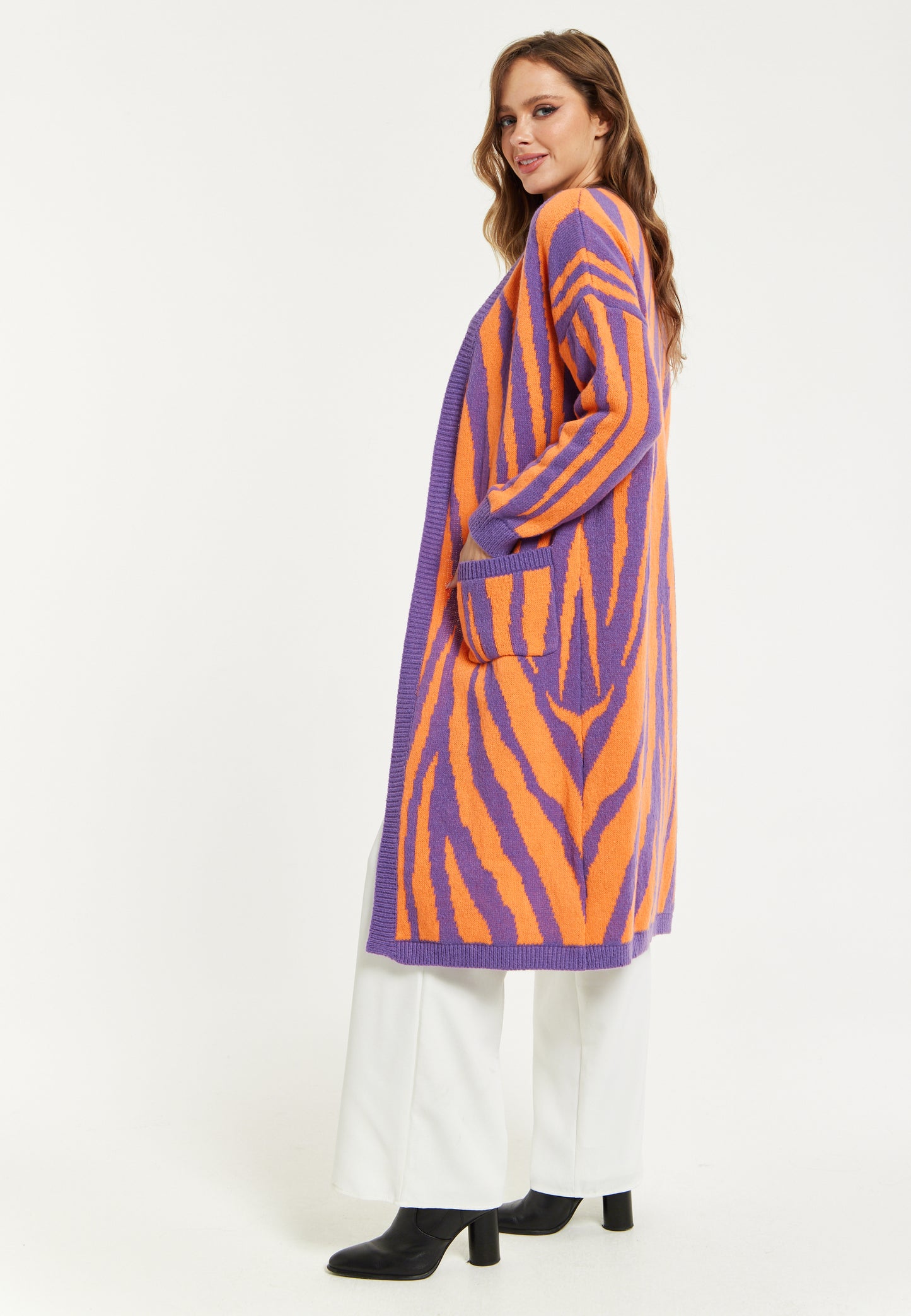 
                  
                    Liquorish Bold Zebra Striped Longline Cardigan in Purple & Orange
                  
                