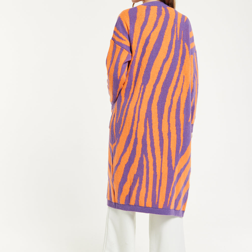 
                  
                    Liquorish Bold Zebra Striped Longline Cardigan in Purple & Orange
                  
                