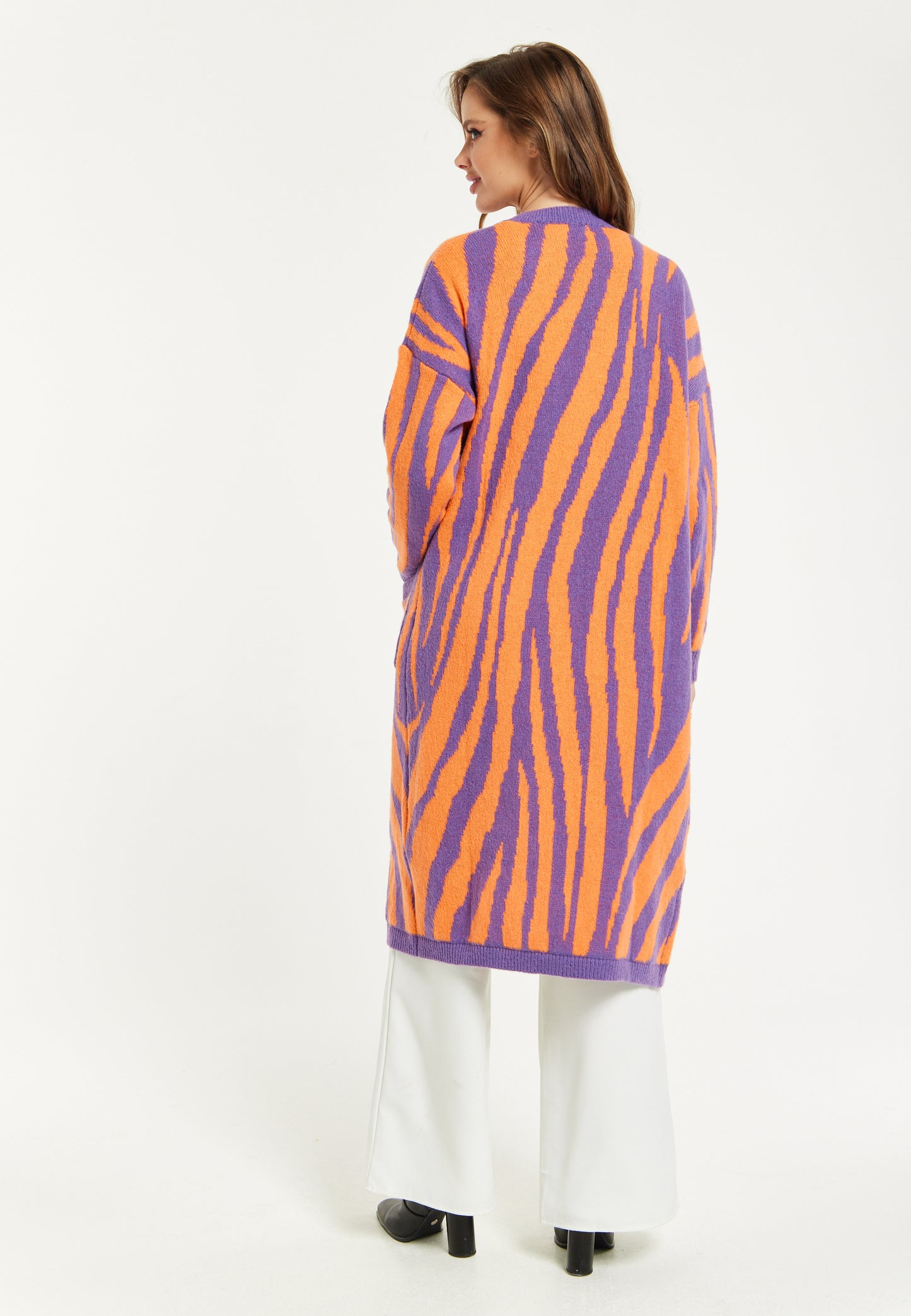 
                  
                    Liquorish Bold Zebra Striped Longline Cardigan in Purple & Orange
                  
                