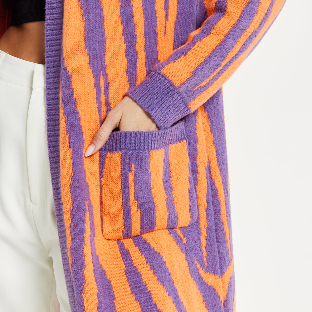 
                  
                    Liquorish Bold Zebra Striped Longline Cardigan in Purple & Orange
                  
                