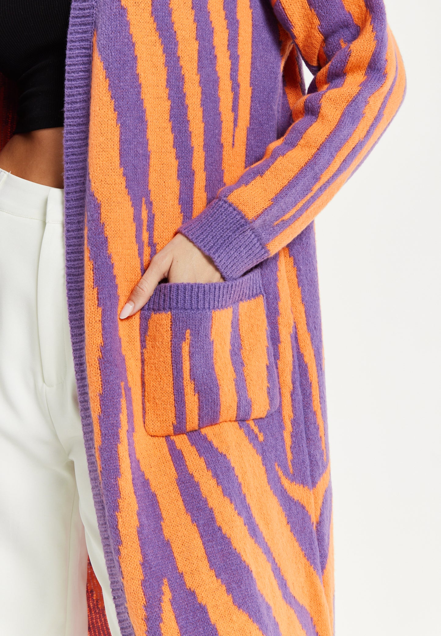 
                  
                    Liquorish Bold Zebra Striped Longline Cardigan in Purple & Orange
                  
                