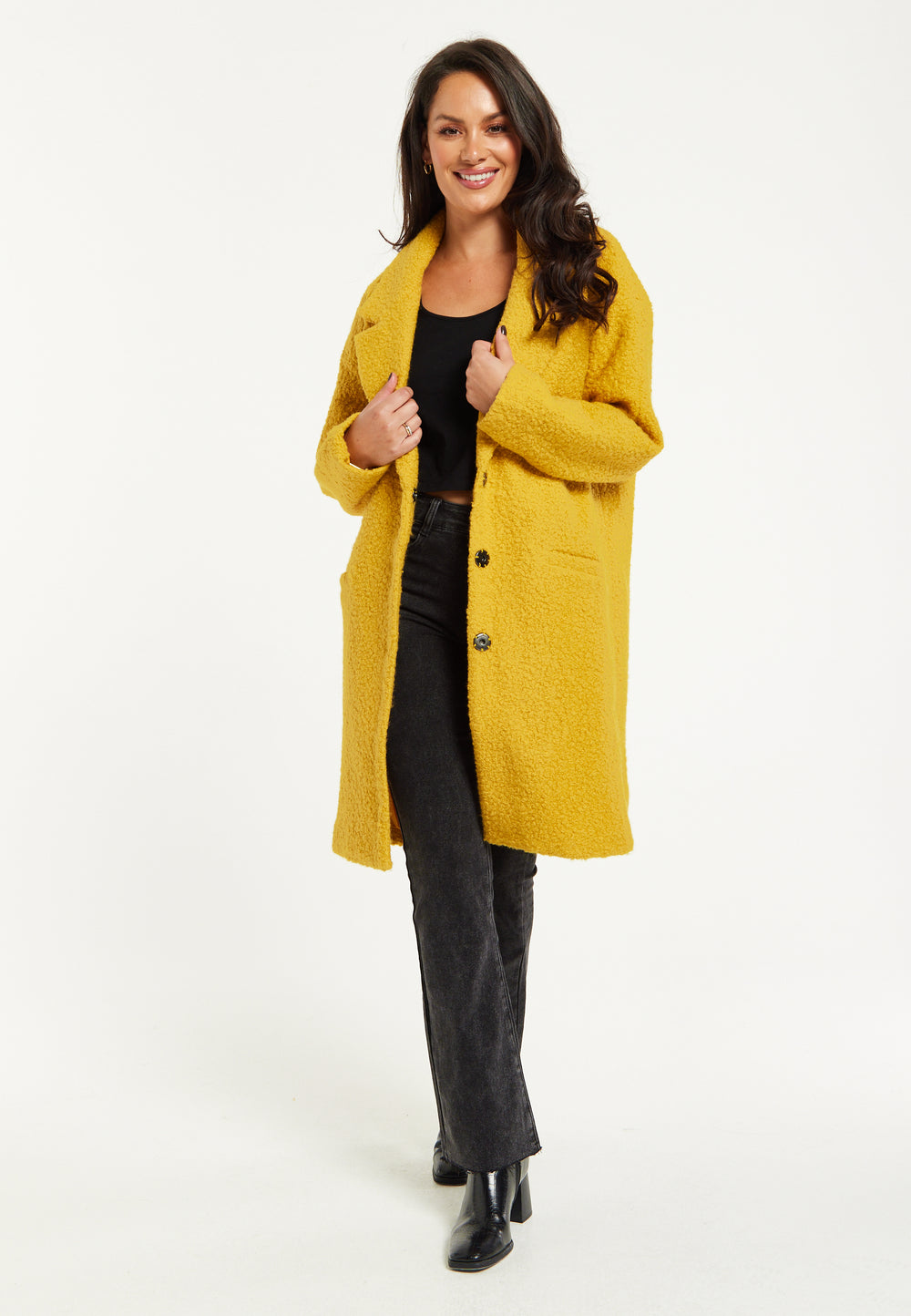 Liquorish Classic Mustard Yellow Bouclè Coat with Notched Lapels