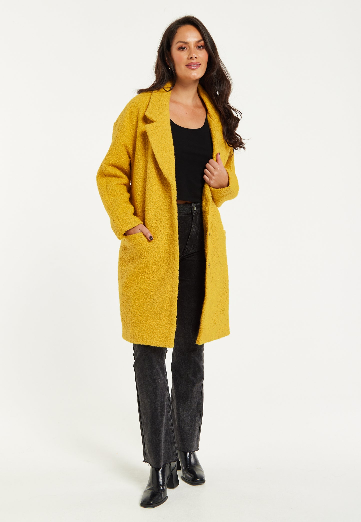 
                  
                    Liquorish Classic Mustard Yellow Bouclè Coat with Notched Lapels
                  
                