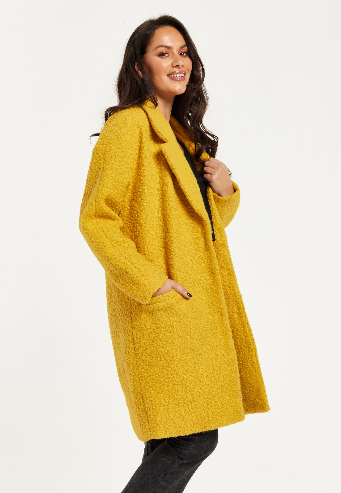 
                  
                    Liquorish Classic Mustard Yellow Bouclè Coat with Notched Lapels
                  
                