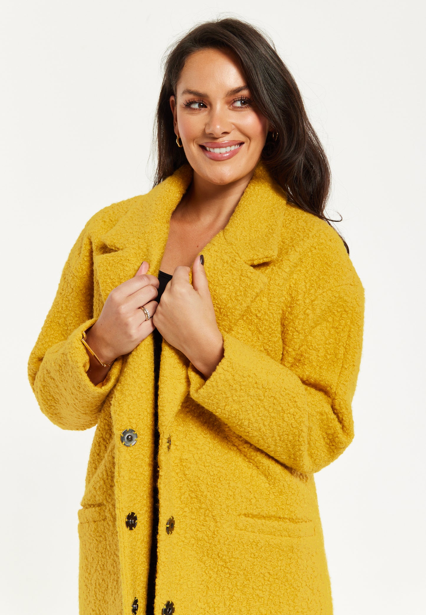 
                  
                    Liquorish Classic Mustard Yellow Bouclè Coat with Notched Lapels
                  
                