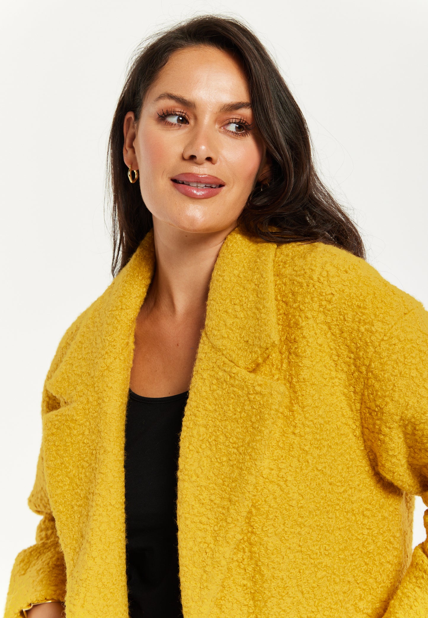 
                  
                    Liquorish Classic Mustard Yellow Bouclè Coat with Notched Lapels
                  
                