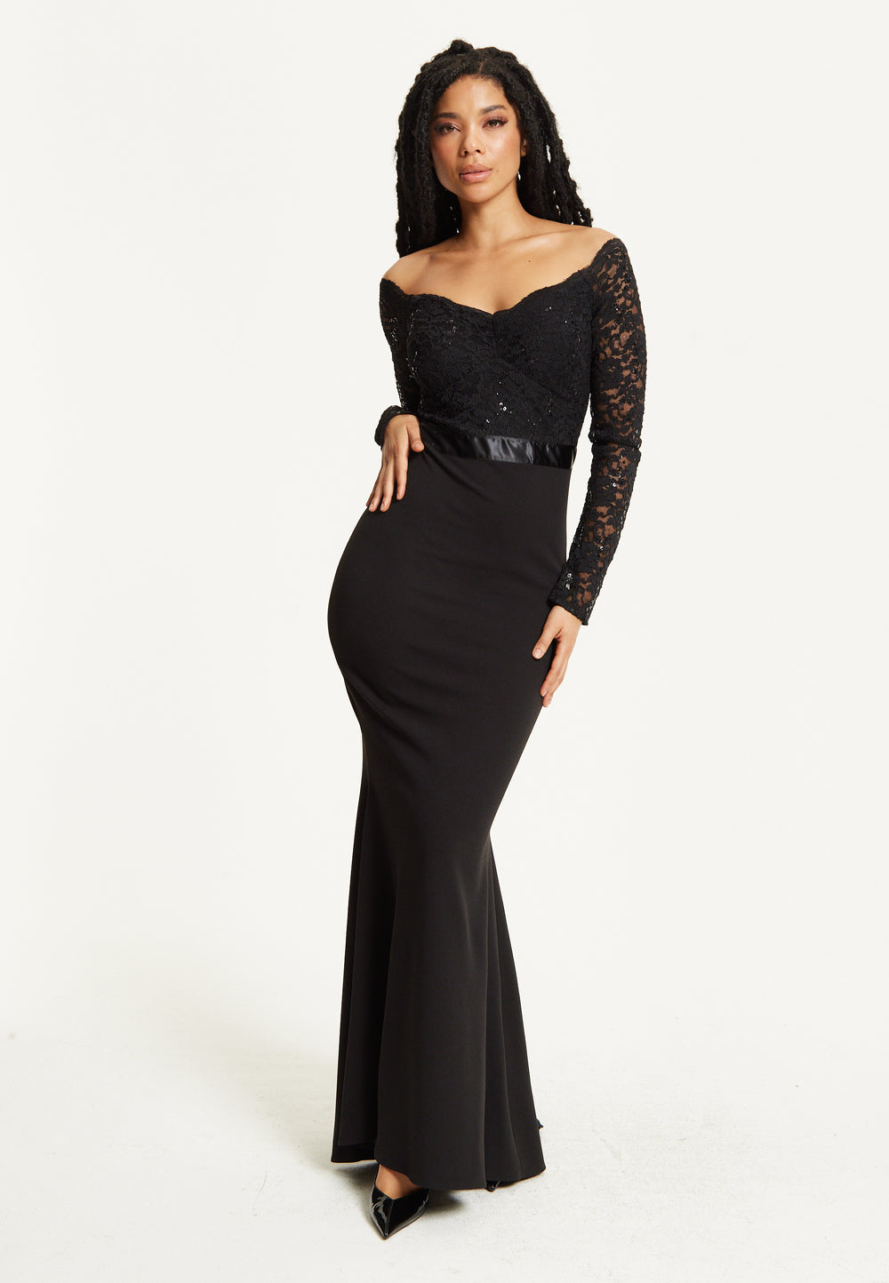 Black Lace Long Sleeve Maxi Dress